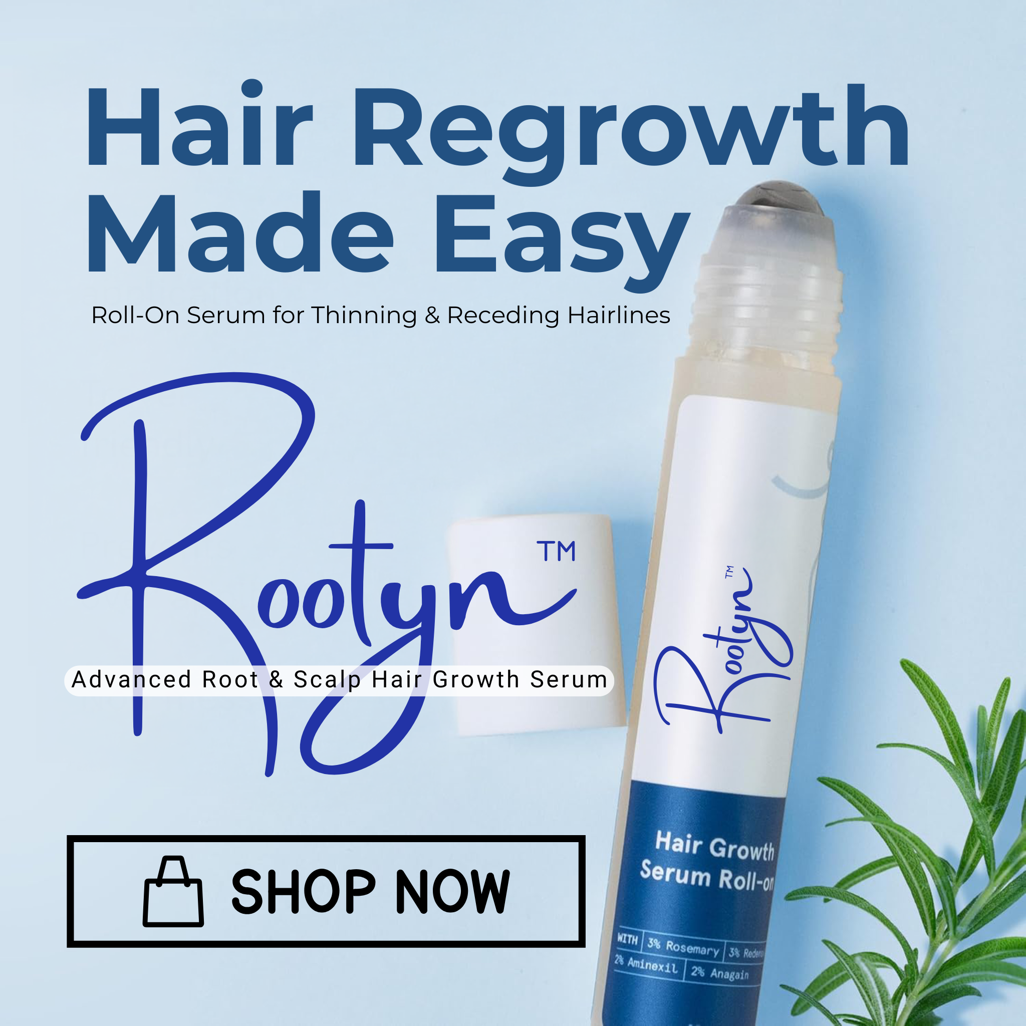 Rootyn hair growth serum roll-on with text on a light blue background