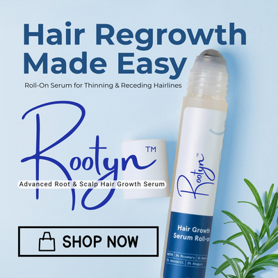 Rootyn hair growth serum roll-on with text on a light blue background